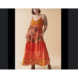 Orange Tropical Babydoll Sleeveless Tiered Maxi Dress Sz L Tropical, Boho, Gypsy